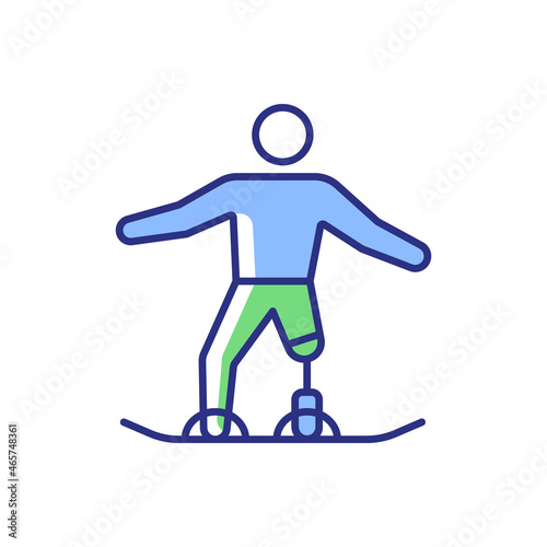 Snowboarding RGB color icon. Sportsman slide down from mountain. Winter sport discipline. Athlete with physical disability. Isolated vector illustration. Simple filled line drawing