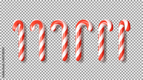 Set of red Xmas candy canes isolated on checkered background. 3d realistic holiday sweets. Templates of candies for Christmas and New Year cards, posters, banners, flyers. Vector illustration.