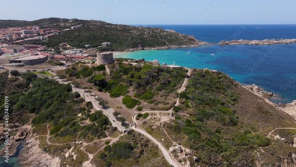 Aerial view of Rena Bianca, Sardinia, passing above spanish tower, taken on summer day Italy Santa Teresa Gallura. Aerial view of Rena Bianca, Sardinia, passing above spanish tower, taken on summer day Italy Santa Teresa Gallura.