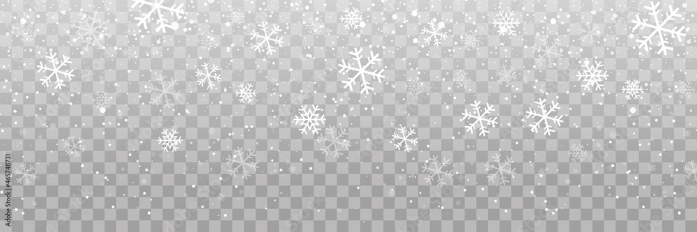 Snow falling. Snow. Efect falling snow. Realistic snow overlay background. Snowfall, snowflakes in different shapes and forms. - obrazy, fototapety, plakaty 