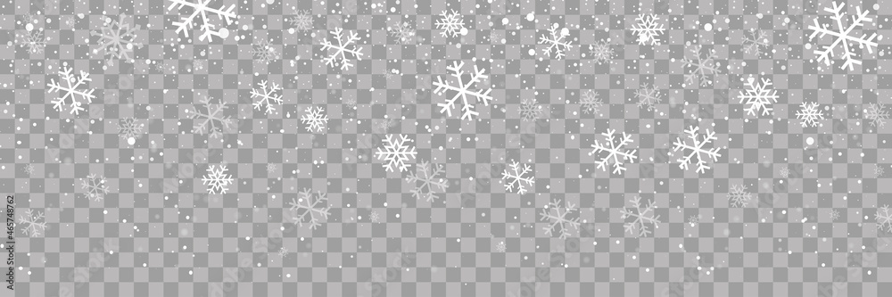 Snow falling. Snow. Efect falling snow. Realistic snow overlay background. Snowfall, snowflakes in different shapes and forms. - obrazy, fototapety, plakaty 