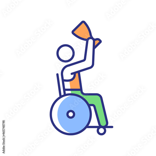 Competition winner with disability RGB color icon. Athlete holding prize cup. Winner awarding and congratulation. Disabled sportsmen. Isolated vector illustration. Simple filled line drawing