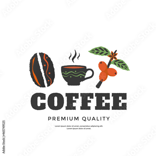 Coffee Packaging label design. Vector emblem with coffee branch, bean and cup.