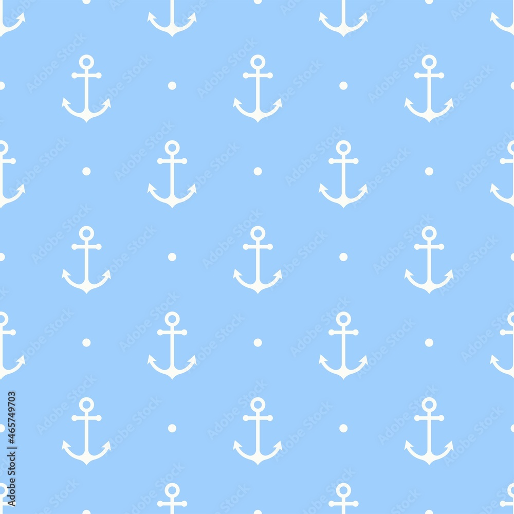 Seamless pattern with white anchor on a light blue background. Vector illustration.