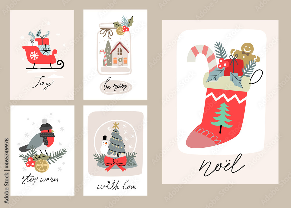 Fototapeta premium Merry Christmas and Happy New Year set greeting cards with hand calligraphy.