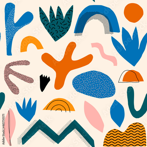 Modern abstract paper cut pieces seamless pattern. Different shapes and hand drawn textures. Vector illustration