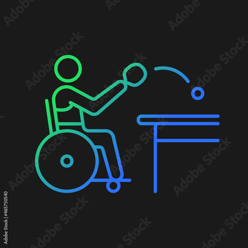 Table tennis gradient vector icon for dark theme. Hit lightweight ball using racket. Sportsman with physical disability. Thin line color symbol. Modern style pictogram. Vector isolated outline drawing