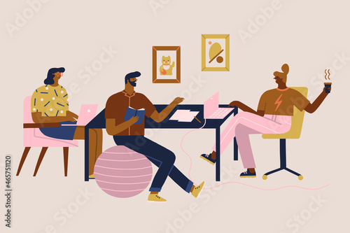 Women and men sitting at a desk working online on a laptop in co working space or modern office and drinking cup of coffee and chatting. Vector illustration
