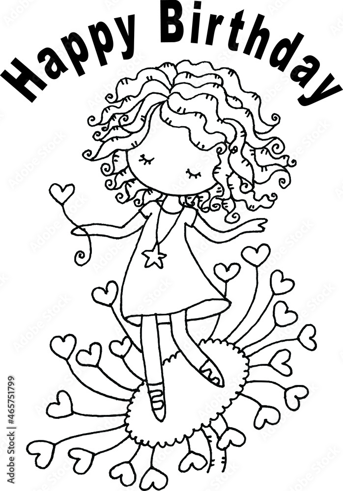vector Girl with curly hair stand on a big flowers happy birthday card