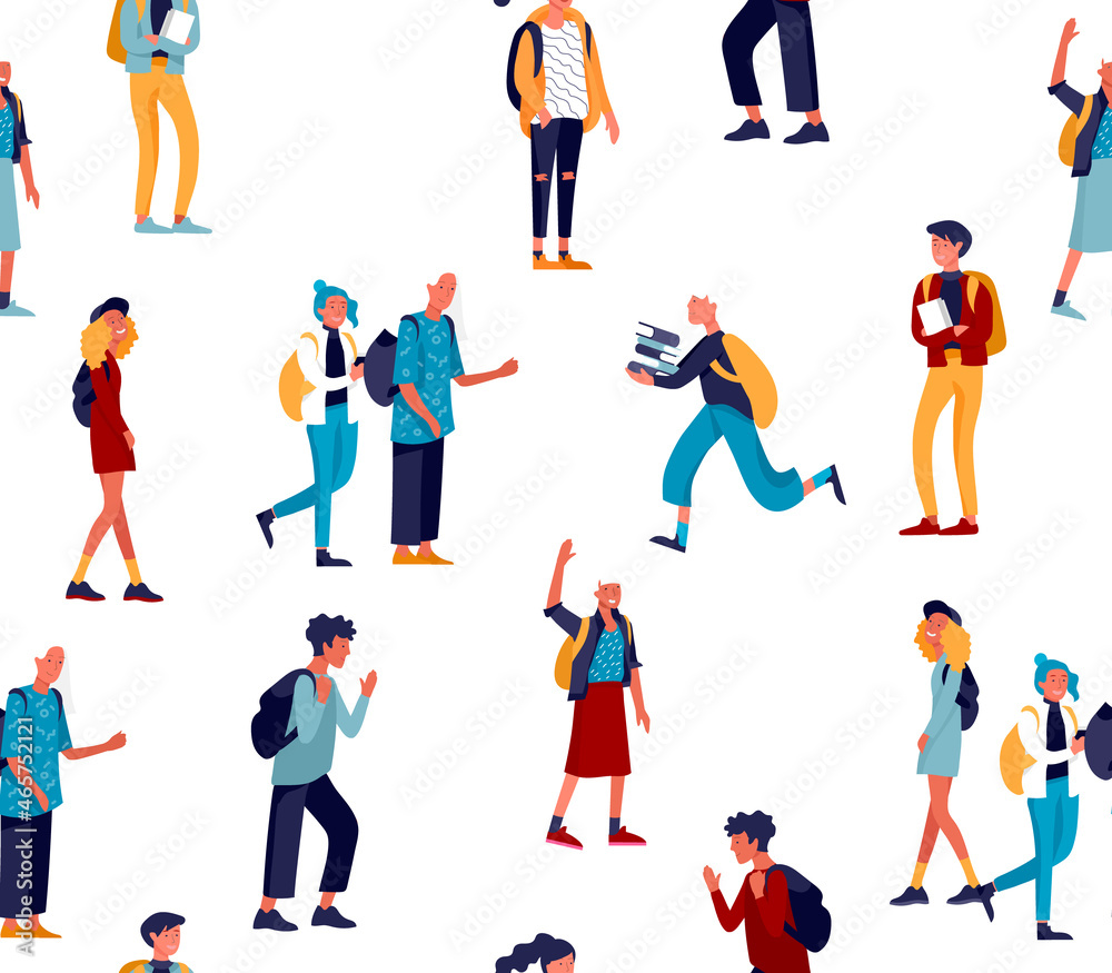 Vector seamless pattern with group of friends schoolchildren character are laughing and talking. Stylish smiling boys and girls. Friendly group of go in school to study. Colorful vector