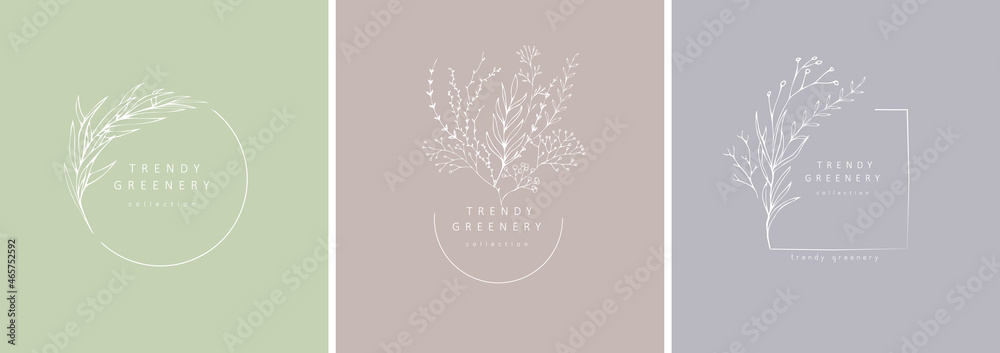 Floral branch logo set. Hand drawn wedding herb, homeplant with elegant leaves for invitation save the date card design. Botanical rustic trendy greenery vector Floral branch logo set. Hand drawn wedding herb, homeplant with elegant leaves for invitation save the date card design. Botanical rustic trendy greenery vector