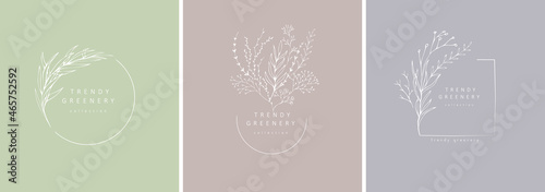 Floral branch logo set. Hand drawn wedding herb, homeplant with elegant leaves for invitation save the date card design. Botanical rustic trendy greenery vector