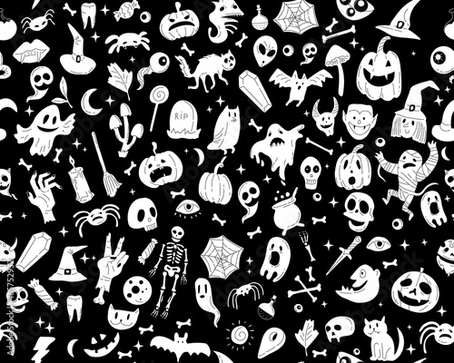 Halloween orange festive seamless pattern. Endless background with pumpkins  skulls  bats  spiders  ghosts  bones  candies  spider web and speech bubble with boo