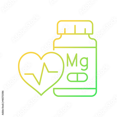 Magnesium supplements gradient linear vector icon. Medication to prevent heart diseases. Heart attack prevention. Thin line color symbol. Modern style pictogram. Vector isolated outline drawing
