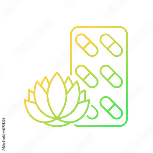 Tranquilizing supplements gradient linear vector icon. Stress relieving complementary medicine. Pills for peaceful rest. Thin line color symbol. Modern style pictogram. Vector isolated outline drawing