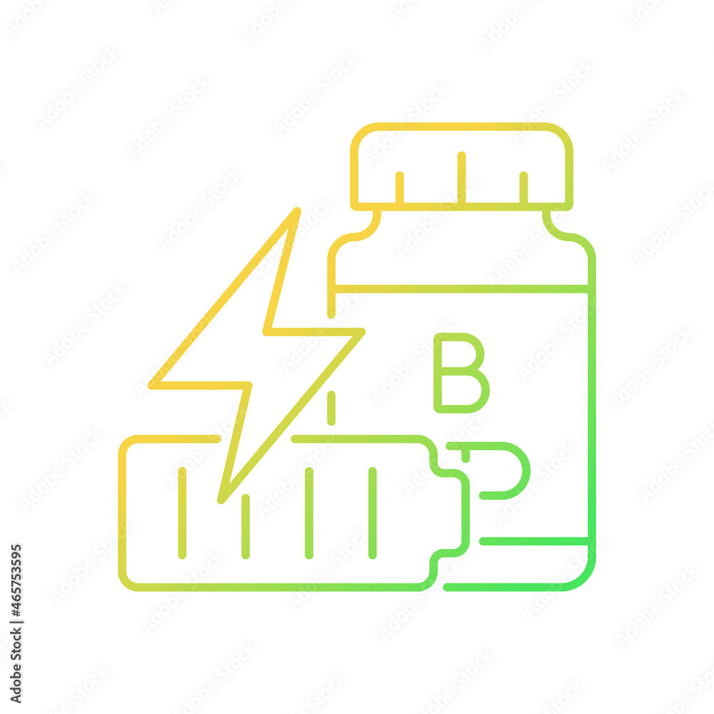 B vitamins for fatigue gradient linear vector icon. Supplements to combat tiredness and weakness. Stress reduction. Thin line color symbol. Modern style pictogram. Vector isolated outline drawing B vitamins for fatigue gradient linear vector icon. Supplements to combat tiredness and weakness. Stress reduction. Thin line color symbol. Modern style pictogram. Vector isolated outline drawing