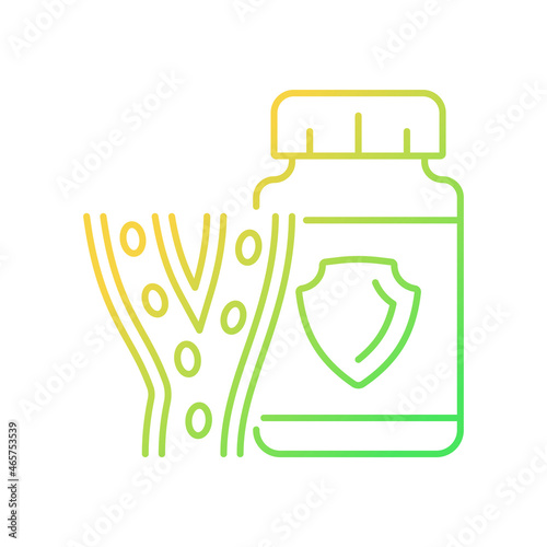 Blood vessels supplements gradient linear vector icon. Vitamins for blood vessels. Blood circulation improvement. Thin line color symbol. Modern style pictogram. Vector isolated outline drawing
