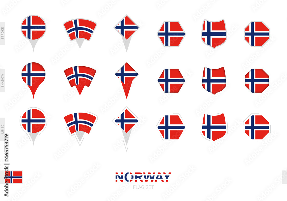 Collection of the Norway flag in different shapes and with three different effects.