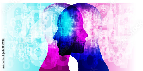 A male and female side silhouette positioned face to face, overlaid with countless numerous sized semi-transparent number shapes.