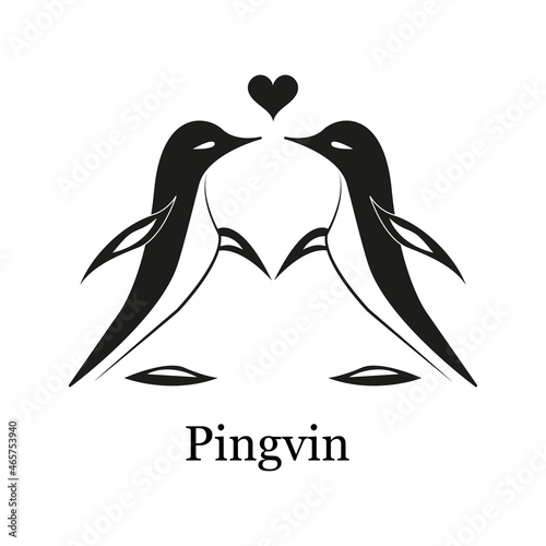 Logo of two penguins in love with a heart. Black and white concept.