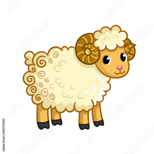 Ram stands on a white background. Vector cartoon animal.