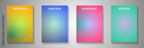 Trendy circle perforated halftone cover page templates vector batch. Industrial catalog faded