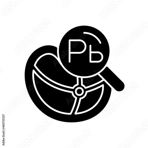 Heavy metal testing black glyph icon. Metal trace detection. Heavy metals in food products. Hazardous materials. Nutrition analysis. Silhouette symbol on white space. Vector isolated illustration