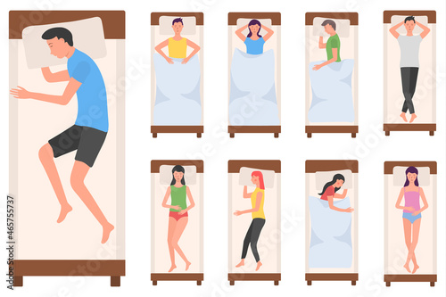 People character sleeping in bed, woman, man sleep