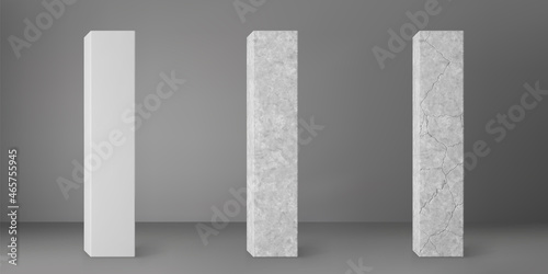 Concrete square columns set with cracks isolated on grey background. Realistic old cement 3d pillar for modern room interior or bridge construction. Concrete pole base