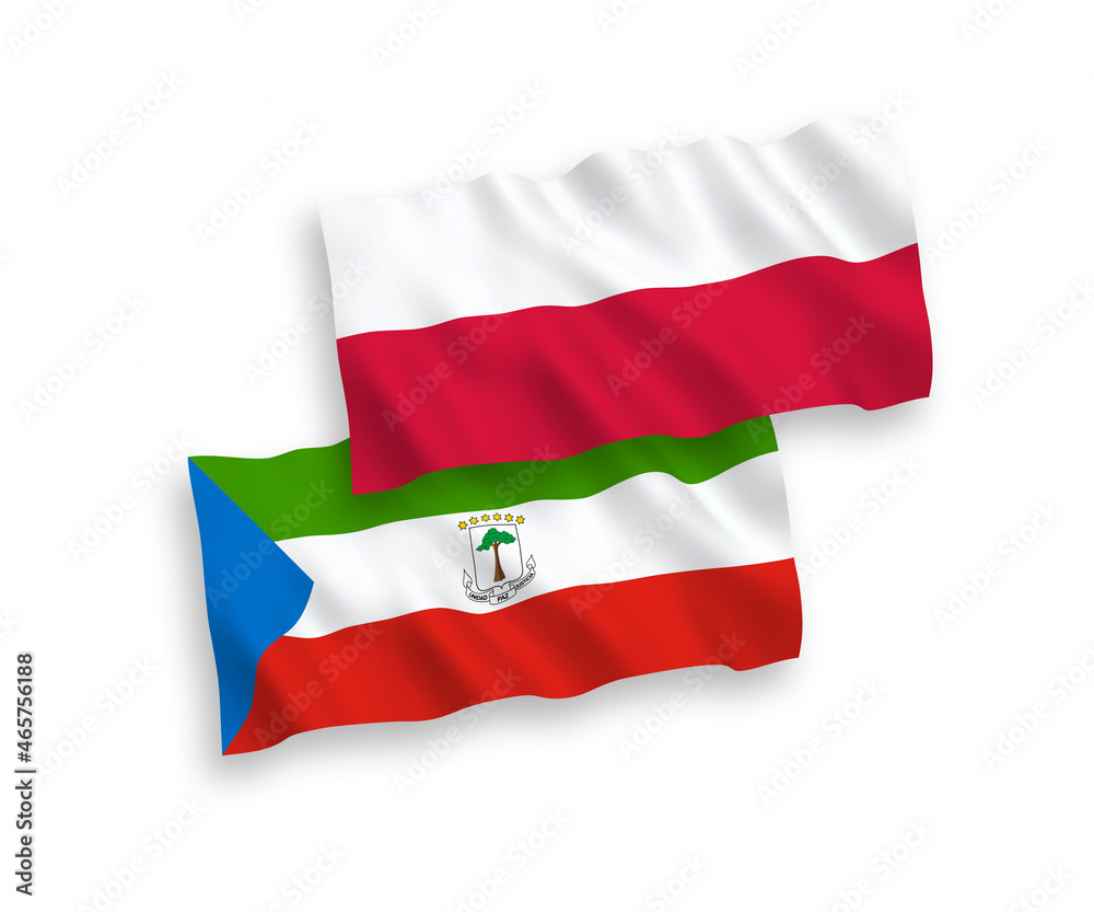 National vector fabric wave flags of Republic of Equatorial Guinea and Poland isolated on white background. 1 to 2 proportion.