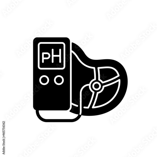Food pH measurement black glyph icon. Products acidity and alkalinity amount. Nutrition pH value. Food test with pH meter. Silhouette symbol on white space. Vector isolated illustration