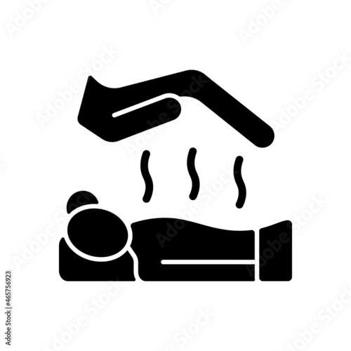 Reiki massage black glyph icon. Alternative medicine. Manipulating healthy energy flow. Japanese technique. Non-invasive treatment. Silhouette symbol on white space. Vector isolated illustration