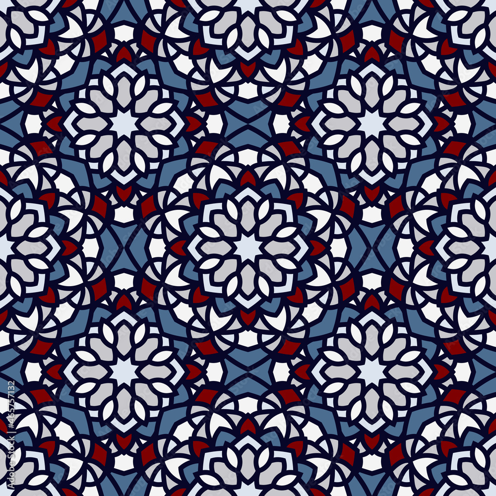 Abstract seamless mandala background. Texture in blue, gray and dark red colors. Oriental pattern for design, fashion print, scrapbooking Abstract seamless mandala background. Texture in blue, gray and dark red colors. Oriental pattern for design, fashion print, scrapbooking