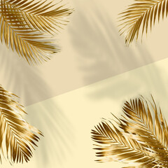Creative layout made of colorful tropical leaves on gold background. Minimal summer exotic concept with copy space. Border arrangement.