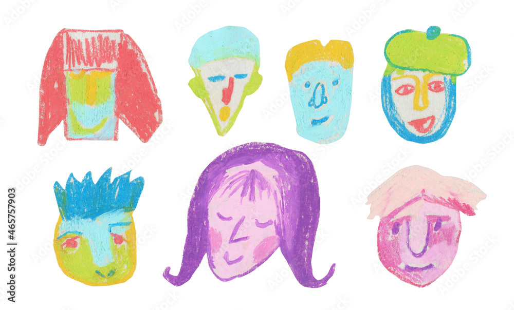 Fototapeta premium Set of wax crayons illustrations with portraits of people on a white isolated background.Children's collection of hand-drawn in pastel.Simple pencil clip art.Designs for stickers,packaging,cards.