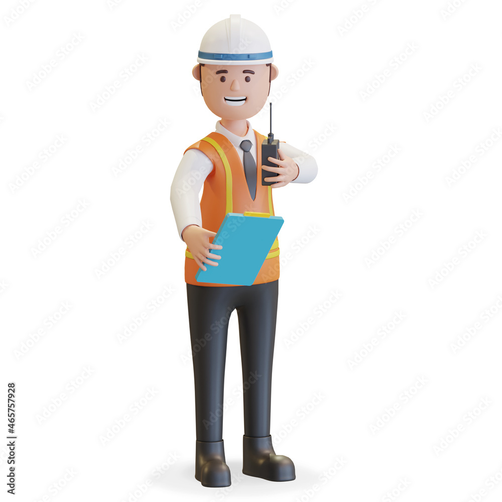 Construction manager project leader wearing safety helmet and vest talking on walkie talkie and holding clipboard 3D render illustration Construction manager project leader wearing safety helmet and vest talking on walkie talkie and holding clipboard 3D render illustration