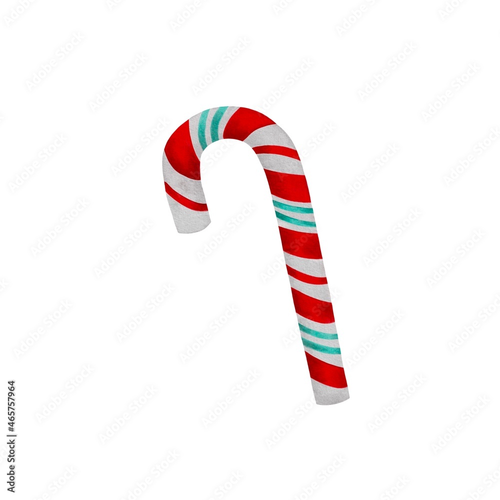 Striped candy cane hand drawn watercolor illustration on a white background. Isolated object for holiday design. Striped candy cane hand drawn watercolor illustration on a white background. Isolated object for holiday design.