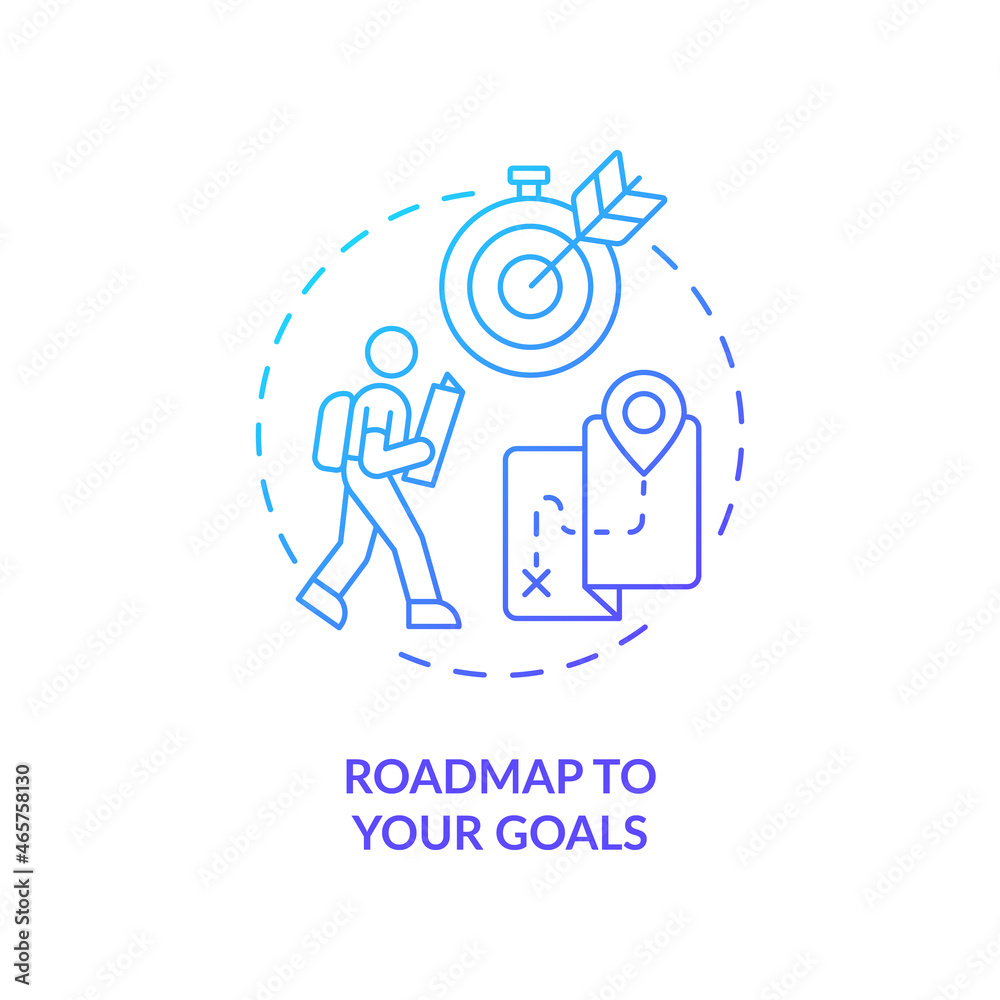 Roadmap to your goals blue gradient concept icon. Define personal path abstract idea thin line illustration. Goal setting. Happiness mindset component. Vector isolated outline color drawing Roadmap to your goals blue gradient concept icon. Define personal path abstract idea thin line illustration. Goal setting. Happiness mindset component. Vector isolated outline color drawing