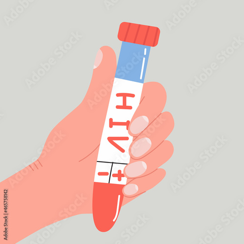 Hand hold test tube with blood for HIV AIDS test. Modern flat vector isolated illustration in trendy colors
