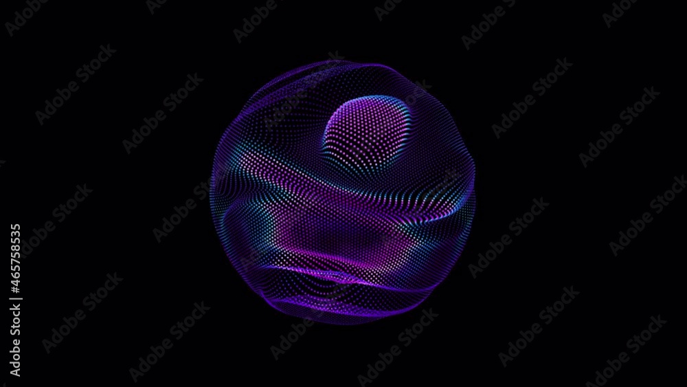 Looped distortion waves on abstract sphere of particles. Digital data splash of spherical point array. Futuristic glitch UI element