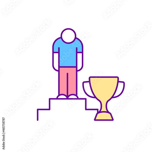 Sad champion RGB color icon. Win does not bring satisfaction. Doubting in self talents. Feeling uncertainty. Impostor and fraud syndrome. Isolated vector illustration. Simple filled line drawing