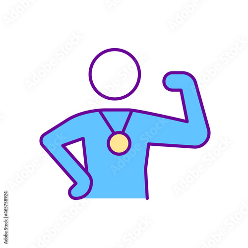 Champion RGB color icon. Sport competition winner. Championship leader. Confident and proud sportsman. Optimistic person. Happiness mindset. Isolated vector illustration. Simple filled line drawing