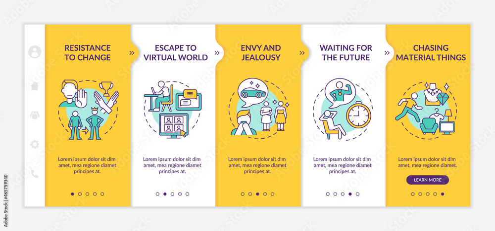 Barriers to happiness mindset onboarding vector template. Responsive mobile website with icons. Web page walkthrough 5 step screens. Negative thinking color concept with linear illustrations