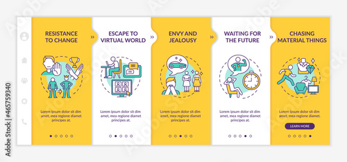 Barriers to happiness mindset onboarding vector template. Responsive mobile website with icons. Web page walkthrough 5 step screens. Negative thinking color concept with linear illustrations