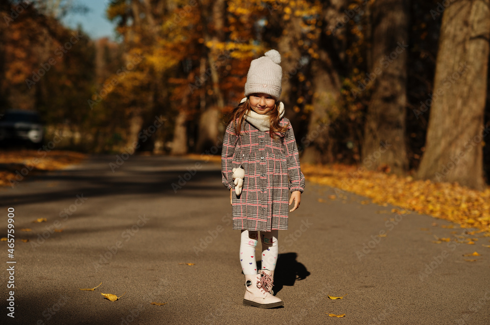 Fototapeta premium Young cute baby girl in hat pose at autumn background.