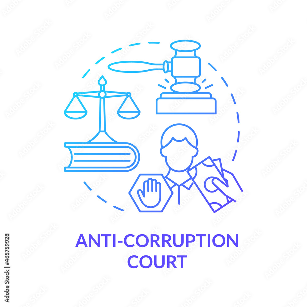 Anti corruption court system concept icon. Stop bribery in judicial system abstract idea thin line illustration. Governmental anti corruption activities. Vector isolated outline color drawing. Anti corruption court system concept icon. Stop bribery in judicial system abstract idea thin line illustration. Governmental anti corruption activities. Vector isolated outline color drawing.
