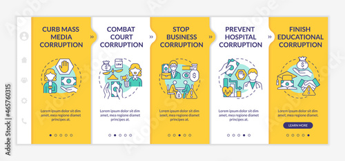 Corruption onboarding vector template. Responsive mobile website with icons. Web page walkthrough 5 step screens. Systemic violation. Bribed money color concept with linear illustrations photo