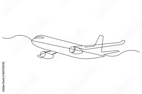 Continuous line drawing of flying airplane. Single one line art of jet plane aero modeling remote control. Vector illustration 