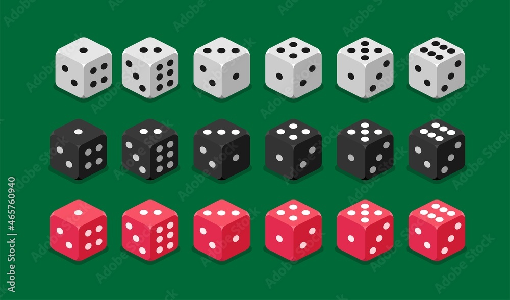A set of white, black, red dice on a green background. Vector stock isometric 3d illustration.