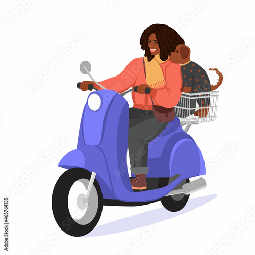 Smiling dark-skinned woman rides a scooter. A small dog is sitting in the basket. Girl is driving a moped. The concept of active lifestyle. Vector illustration in a flat style